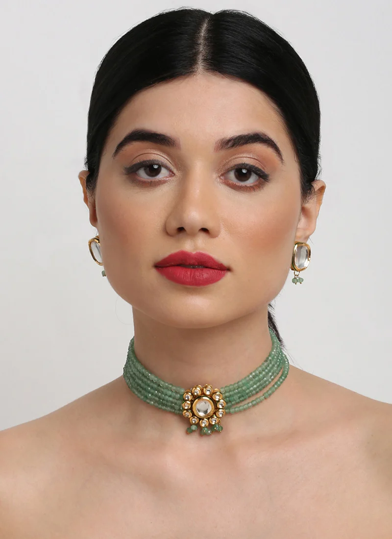 Green Gold Plated Kundan Work Beads And Stone Choker