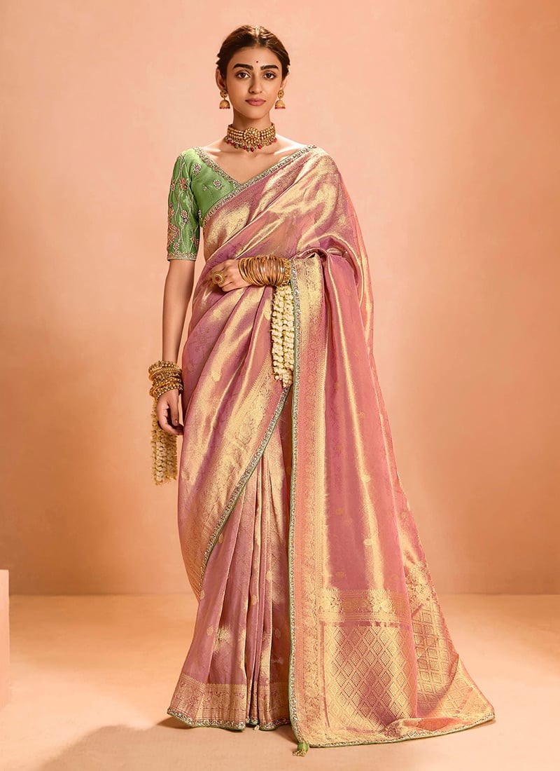 Timeless Elegance In Green Tissue Silk Zari